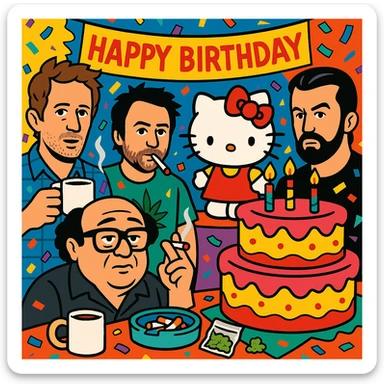 maximalist birthday scene with Hello Kitty, It's Always Sunny in Philadelphia cast, coffee, cigarettes, weed, big birthday cake, confetti everywhere, vibrant chaotic collage sticker