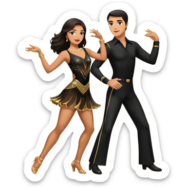 Photorealistic dancesport professional latin couple dancing the samba at the competition dancefloor, the women is in skinny short sparkly dress, the man is in black shirt and black classic pants, the women has brown long hair, the man has short black hair  sticker