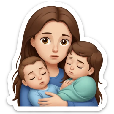 Exhausted mom with long brown hair and baby boy sticker