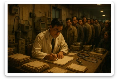 A doctor in a cluttered clinic, writing notes by hand, long line of patients, outdated medical equipment, no modern technology sticker