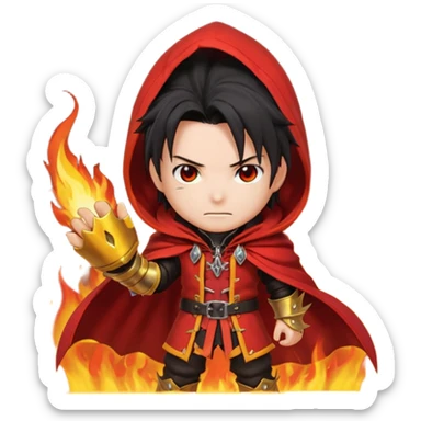 Vincent Valentine from Final Fantasy 7, chibi style, red cloak, golden gauntlet, spiky black hair, mysterious expression, surrounded by fire sticker