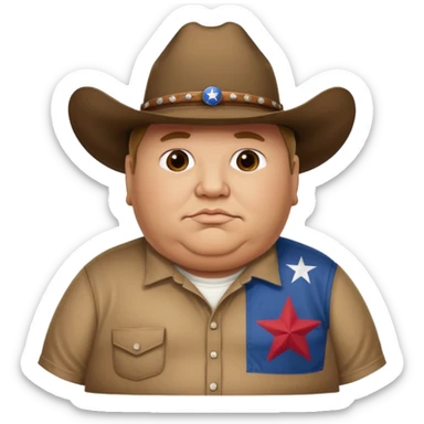 An extremely obese man with a cowboy hat and Texas flag t-shirt sticker