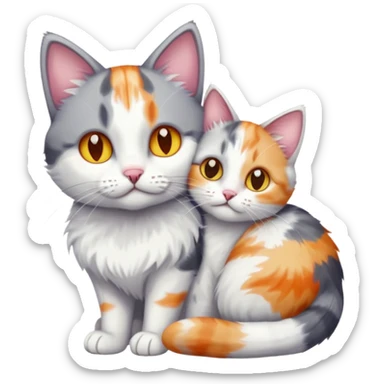 grey and white cat cuddling a colourful light patched calico + white tabby cat sticker