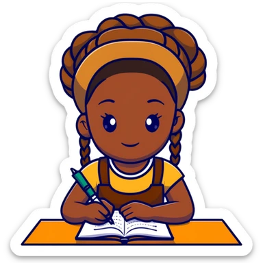 African girl student with brown skin and braided hair writing with book and pen sticker