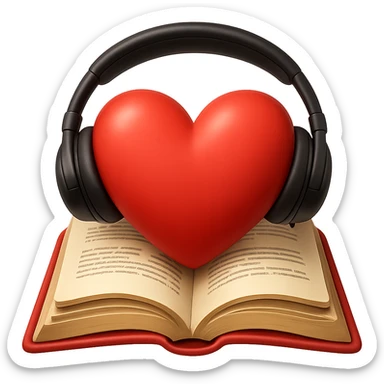 Add headphones to the heart over an open book emoji, keeping the background transparent. The headphones should be clearly visible and integrated naturally with the emoji's elements. sticker