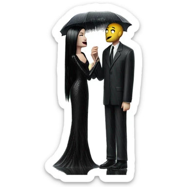 Realistic silkstone morticia addams gentle kissing sweetly Kurt Cobain in the rain. sticker