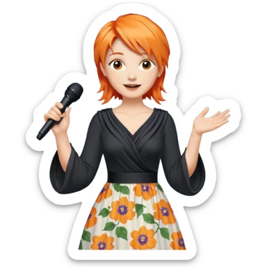 singer, Middle age, orange hair, happy, holding mic, wearing dress sticker