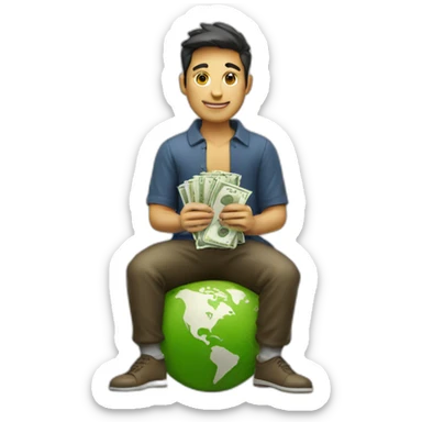 man sitting on globe with money bag sticker