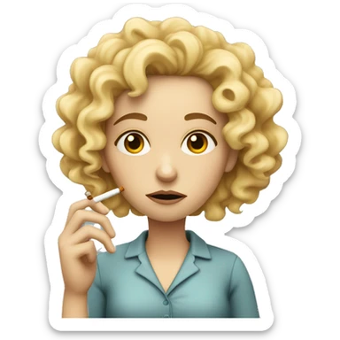 Very tired curly blond with dark circles holding glass and cigarette  sticker