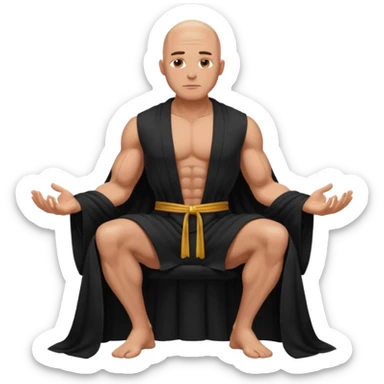 fullbody jacked bald guy, sleeveless and unbuttoned in black robe sitting sticker
