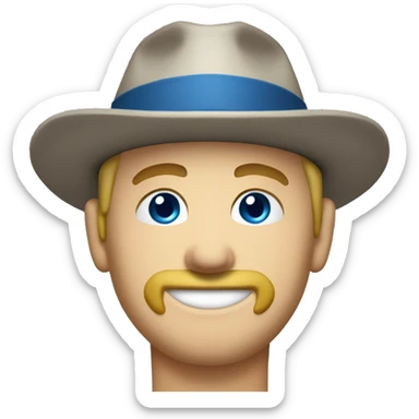40yo man, short blond hair, blue eyes, with hat holding a filament roll sticker