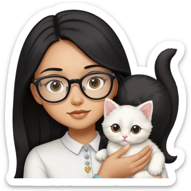 Girl with long black hair and glasses holding a white kitten sticker