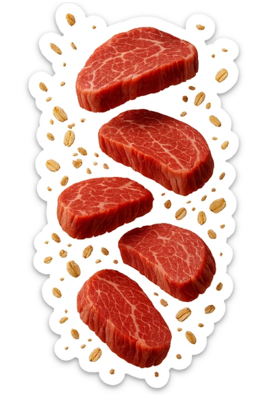 FETTINE DI CARNE FLUTTUANO IN ARIA INSIEME A FIOCCHI DI AVENA, IPERREALISTICO 4K sticker