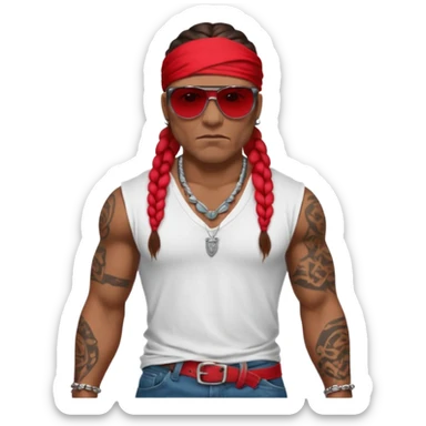 Samoan male.
loose fitting white t-shirt. 
Red bandana. 
Red jeans. 
long braided hair.
very muscular.
tattoos. 
Tough and menacing. 
Gangster sunglasses. sticker