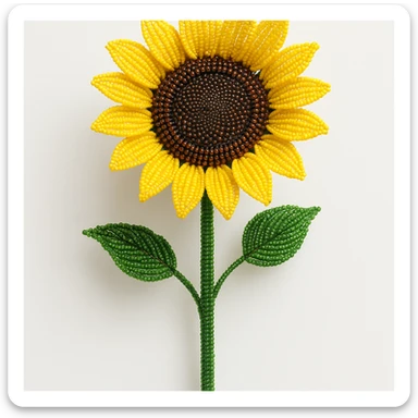 french beaded sunflower with stem, intricate glass beadwork, realistic, vibrant yellow petals, green beaded stem, detailed floral craft, isolated on white background sticker