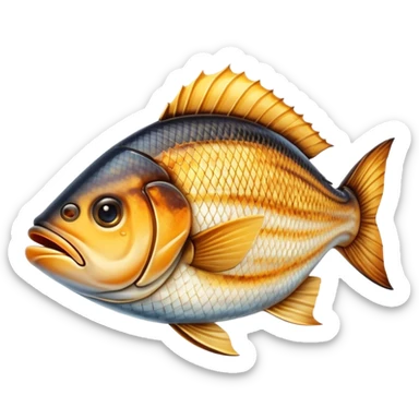 Cinematic Realistic Gradele (Grilled Fish) Dish Emoji, depicted as perfectly grilled fish with a smoky, charred finish rendered with lifelike detail and appetizing, natural lighting. sticker