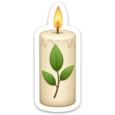 Minimal emoji-style illustration of a candle with a tiny green leaf accent, earthy neutral colors, soft rounded shapes, clean aesthetic look. sticker