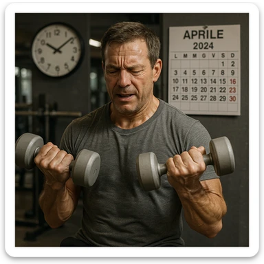 hyper realistic man doing many repetitions with light weights in gym, clock and calendar in Italian symbolizing passing time, realistic details, gym background sticker