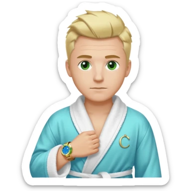 A white man with green eyes, medium-length blond hair in a low mohawk, a blue Cartier watch on his wrist, and a luxurious bathrobe. sticker