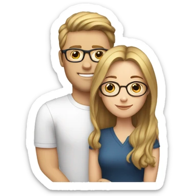 A white woman with brown hair and blonde highlights and a white man with brown hair and glasses hugging sticker