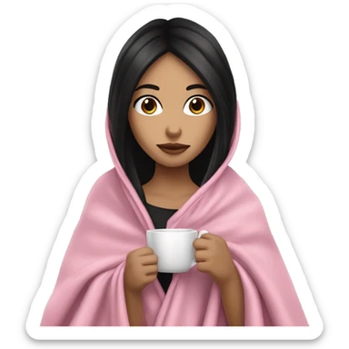 A pretty white girl with very long black hair  in a pink blanket sipping coffee sticker
