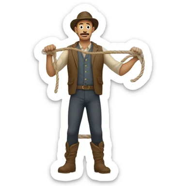 man with rope in his hand, the role forms a circle and has one long singular strand coming out the top of it sticker