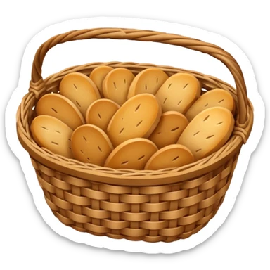 top-down emoji of a wicker bread basket with only a few crumbs left, representing depleted carbohydrate stores, bold outlines, flat color palette, gentle gradients sticker