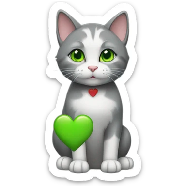 a cat with green eyes and gray fur holding a heart in its paws. sticker