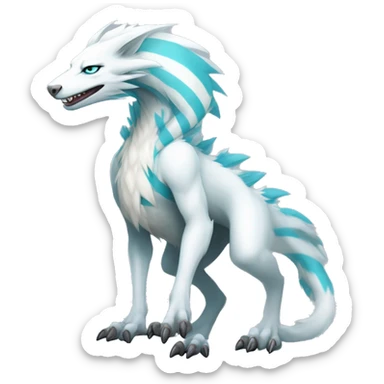 White elegant beautiful natural cute badass epic anthro modern albino sergal-vernid-Fakémon with cyan mane, with cyan edgy stripes, anthropomorphic, two-legged, digitigrade, full body sticker