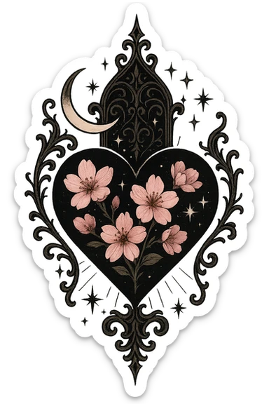 goth sakura heart, celestial gothic style, black heart with pink sakura, crescent moon and stars, mystical and dark sticker