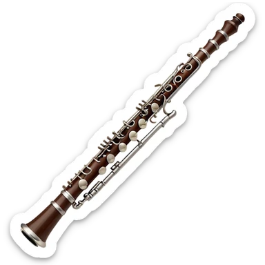 Cinematic Realistic Oboe, slender and elegant dark wood body, silver-plated keys catching soft highlights, delicate reed resting at the top, glowing with refined and classical beauty. sticker