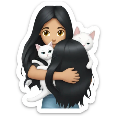 girl with very long black hair and  hugging a white cat sticker
