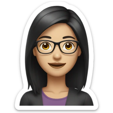 woman wearing glasses, narrow eyes, shoulder length black hair, white skin, smiling sticker