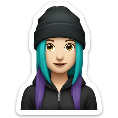 White girl, black hoodie, teal hair, purple beanie hat sticker