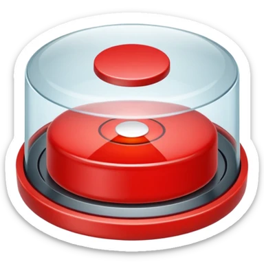 A big red round button on a button pad under a glass lid sticker