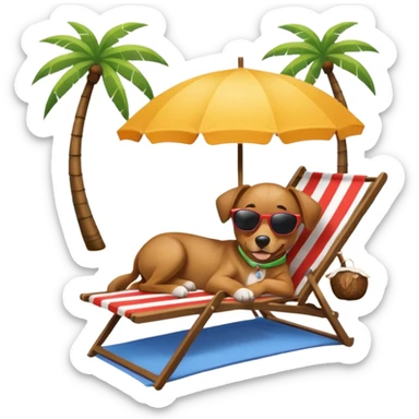 a dog laied on a beach chair, a sunny beach, a sun umbrella, and beach coconut trees. the icon should capture the essence of a relaxing beach vacation with a carefree atmosphere sticker