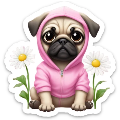 Cute Baby Pug with pink eyes wearing a pink hoodie eating daisy's  sticker