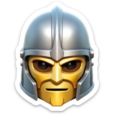 Clash of Clans aesthetic: Cinematic heroic Steel full face Helm Emoji, rendered in a 3D vector-style similar to standard emojis with minimal shading and bold, simplified shapes. A compact, isometric helmet crafted of shining steel with intricate engravings and a protective visor, softly glowing with a noble warrior charm. Simplified yet unmistakably iconic, highly detailed and consistent, glowing with a soft radiant gleam and high polish. Stylized with a touch of chivalric tradition and a soft glowing outline, capturing the essence of a stalwart battle helm with a friendly, playful manner! sticker