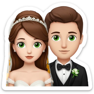 bride and groom white skin brown hair, bride has brown eyes, groom has green eyes sticker