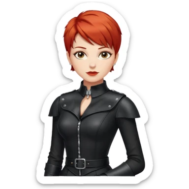 capelli corti di colore rosso, tagliati leggermente sopra le spalle e con una chioma piena e ben curata. Ha la carnagione chiara, Ha lo sguardo fiero e sicuro di sé ed una personalità dominante ed un abbigliamento da mistress sticker