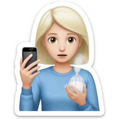 she's anxious , has a transparent tiny pastic bag full of white powder, and her phone in the other hand sticker