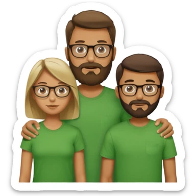 A family consisting of a man who's bearded, tanned, wearing glasses, a woman, slightly tanned, and a 14 year old teenage boy, slightly tanned, wearing a green t-shirt, not everyone is wearing glasses,  sticker