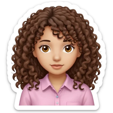 A Latina girl with brown eyes and long loose curly hair with curly bangs with a light pink shirt sticker