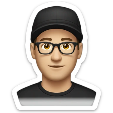 Caucasian man, with a black cap, glasses, and black t-shirt with a drum sticker