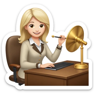 Woman on her computer at a desk with a mini gong on the desk  sticker