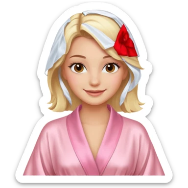 blonde model with brown eyes, luxury makeup, light pink silk robe, smiling sticker