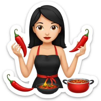 black short shoulder length hair tanned woman, black dress cooking, holding chili pepper sticker