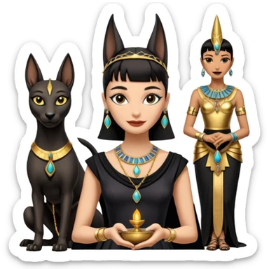 Smiling Witchy-mannered smoky-evil-eyed real Audrey Hepburn cleopatra Anubis conjuring evil Protecting silky black-haired tiny chained-adorned statuette-scale dessert scenery stone-age cracked ancient antique  sticker