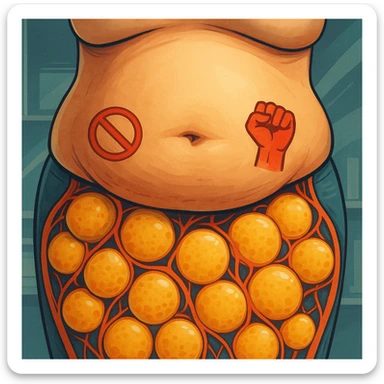 realistic belly with stubborn adipocytes, modern illustrative style, vivid colors, educational atmosphere, resistance symbols sticker