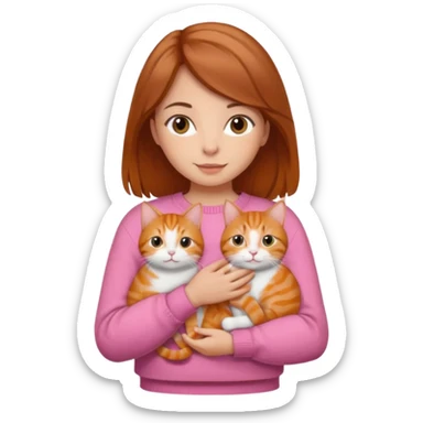 Brown hair girl holding an orange tabby cat, wearing a pink sweater. sticker